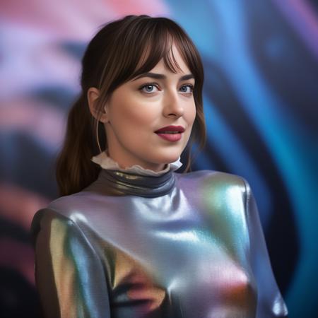 DakotaJohnson, (art by Bill Ward:0.8) , photograph, shot from side of a Characteristic Female, wearing winter costume, Boorish Iridescent background, Relaxed, Modern Art, film grain, Nikon d850, 35mm,  <lora:DakotaJohnsonSDXL:1>