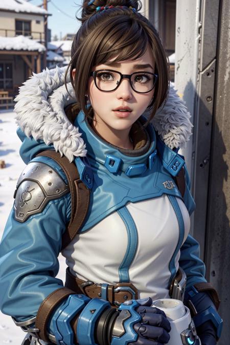 MeiOver, 1girl, mei (overwatch), black-framed eyewear, brown hair, glasses, solo, brown eyes, hair ornament, blue gloves, gloves, hair bun, short hair, fur trim, coat, single hair bun, hair stick, jacket, upper body, lips, bangs, winter coat, winter clothes, nose, closed mouth, fur-trimmed jacket, parka, swept bangs, realistic, fur coat
<lora:epi_noiseoffset2:1>,  <lora:MeiOver:0.7>