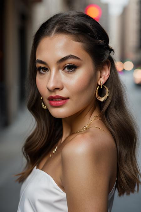 <lora:gr4c33l1:0.9>, a Realistic photo of gr4c33l1 woman, 1girl, solo, long hair, looking at viewer, brown hair, black hair, jewelry, upper body, braid, earrings, parted lips, teeth, grey background, black eyes, lips, makeup, hair over shoulder, realistic, professional Photography, Photorealistic, detailed eyes, RAW, analog, sharp focus, 8k, HD, DSLR, high quality, Fujifilm XT3, film grain, award winning, masterpiece