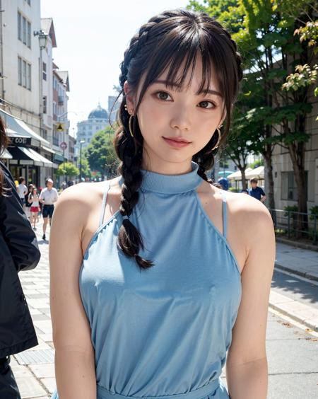 a woman posing on the street corner with light blue dress on, best quality, 1girl, large breasts, day, bright, blur background, bokeh, outdoor, (street:0.8), (people, crowds:1), (lace-trimmed dress:1.5, sleeveless dress, light blue clothes, light blue high-neck dress:1.2, blue dress: 1.5), gorgeous, (braided bangs:1.5), beautiful detailed sky, earrings, (dynamic pose:0.8), (upper body:0.8), soft lighting, wind, shiny skin, looking at viewer, <lora:JAV_Mio_v1.5:0.6>