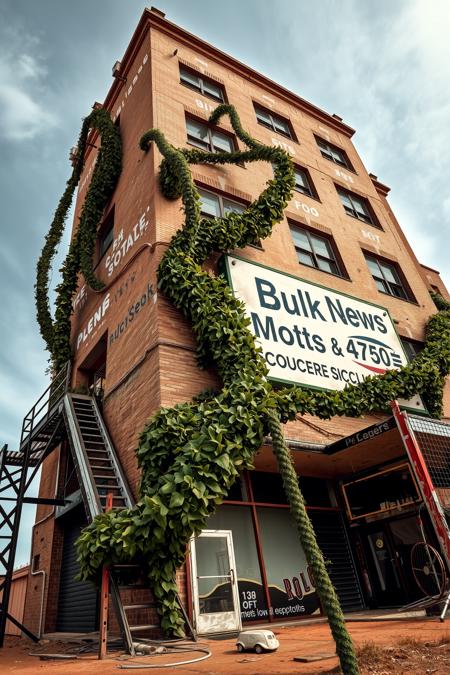 Viewed from an upward looking low angle to increase its sense of height. A large abandoned brick multistory building extends high up. The building is overgrown and infested with gigantic oversized vines with thorns. A faded and aged sign on the building reads: "Bulk News", the surrounding environment is an arid desert like environment. The scene is depicted in a photo-realistic style<lora:abandoned_fluxd:0.3>
