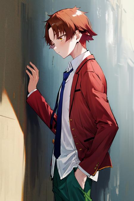 masterpiece, best quality, highres, 1boy kiyotaka ayanokoji, school uniform white shirt red jacket open jacket blue necktie green pants <lora:kiyotaka_ayanokoji:1> standing, against wall, from side