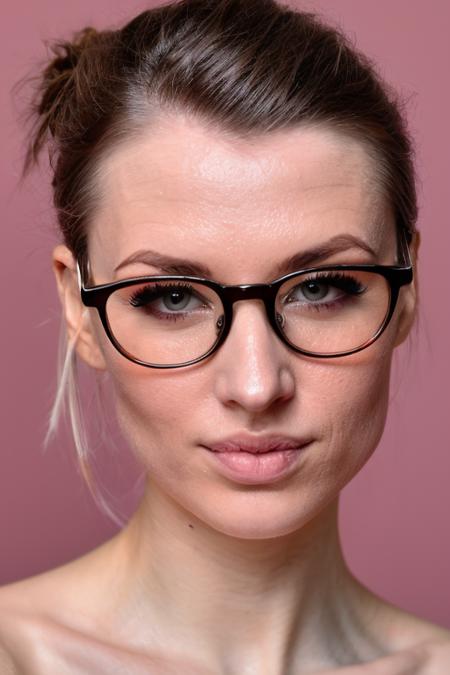 glasses, Sharp Focus, wo_kira01, close-up:1.4, low key lighting, shot on Lumix GH5, cinematic bokeh, 2buns haircut, minimalistic background, sharp cheekbones, teasing, detailed skin, wrinkles, moles