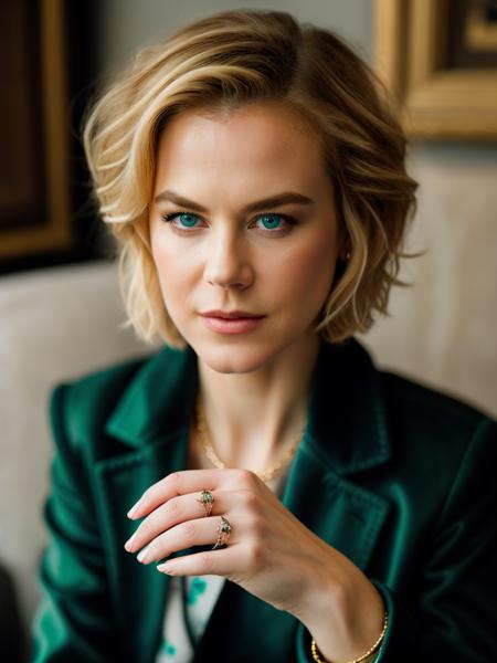 Realistic photo of a beautiful n1c0l3k-v2 woman, 1girl, solo, looking at viewer, short hair, blue eyes, (((blonde hair))), jewelry, sitting, green eyes, nail polish, lips, coat, bob cut, ring, realistic, soft lighting, professional Photography, Photorealistic, detailed, RAW, analog, sharp focus, 8k, HD, DSLR, high quality, Fujifilm XT3, film grain, award winning, masterpiece<lora:n1c0l3k-v2:1.0>