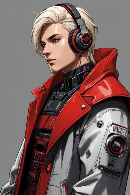 Retropunk, cyberpunk, android man, middle part hair, platinum blonde, male kpop idol hair, red robot headphones, robotic parts, red coat, tall, simple background, focus on face