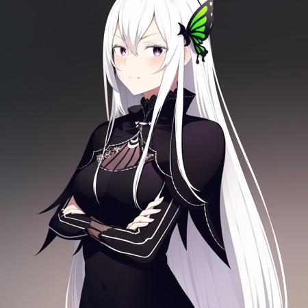 echidna, white hair, long hair, purple eyes, butterfly hair ornament, black dress, black capelet echidna, white hair, long hair, purple eyes, butterfly hair ornament