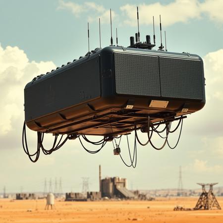 ultra high resolution, masterpiece, best quality, small featureless boxy glossy black  spacecraft with a textured surface hovering low to the ground, underneath the spacecraft are cables hoses and wires, antennas on top, cables hanging from below, rectangular in shape, futuristic world, post apocalyptic landscape, ((low concrete buildings:1.3)) anti gravity, in the atmosphere, sky, clouds, ground visible, hovering, dry, ((dusty)), bleak landscape, parched, orange light, sunlight, square shapes, bleached colors, scattered destroyed industrial buildings, powerlines and towers