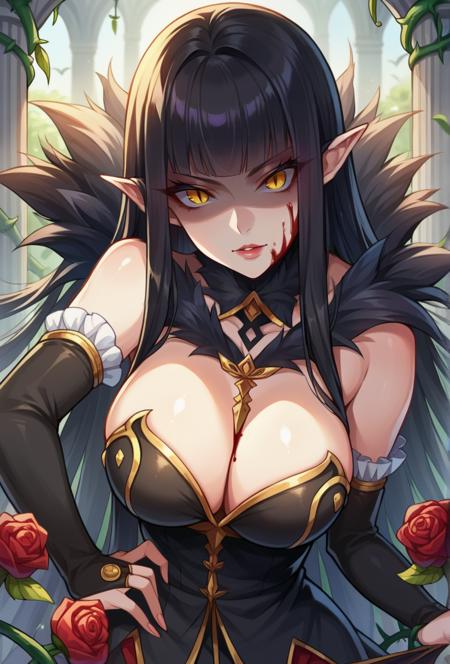 yellow eyes, slit pupils, black hair, very long hair, hime cut, straight hair, pointy ears black dress, long dress, detached collar, fur collar, bridal gauntlets, feather trim, detached sleeves, long sleeves, frilled sleeves, black gloves, elbow gloves, jewelry lips, make up, spikes