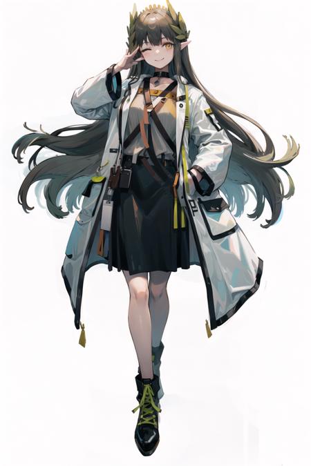 mumu, 1girl, solo, one eye closed, white background, full body, simple background, coat, skirt, long sleeves, boots, black footwear, open clothes, open coat, black skirt, looking at viewer, white coat, smile <lora:muelsyse-000009:1>