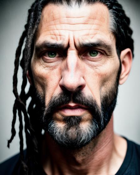 raw photo of, 42 year old man, man, frontal view, upper body part, clear skin, hair dreadlooks, long nose, hair, clear eyes, threatening look, black, asymmetric face, bad dress, bandit, criminal, dark night street, sub-urban, beggar, Sub-surface Dispersion, Photorealistic, Hyperrealistic, Hip-retouched, Analog style, Detailed picture, Foam picture, Soft lighting, Sub-surface Dispersion, realistic, heavy shadow, masterpiece, best quality, ultra realistic, 8k, aurora proportion, Intricate, high detail, film photography, soft focus