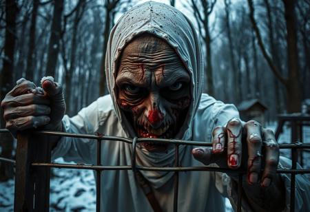 This image depicts a surreal and eerie scene. The central face is a undead dressed in a white dirty gown, but their face is distorted and appears to be dissolving or melting. Extreme closeup, we see only crazy eyes and a tense forehead, droplets of moisture on it.
The background is a cold abandoned winter forest. The zombie grabs the metal fence with half-decayed hands. The lighting is dim, with a soft, bluish hue that adds to the overall eerie atmosphere. The image has a high level of detail, particularly in the textures and the splatters of what looks like dark, viscous liquid that seem to be emanating from the face.
The style of the image is highly stylized and surreal, blending elements of horror and fantasy. The use of distortion and the unsettling visual effects suggest a dreamlike or nightmare scenario. Wide angle lence 14mm.
gritty. High contrast, intricate