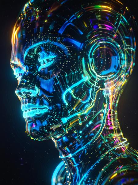 <lora:shineglasscd_xl-000005:0.7>,Particles,colorful:1.3,gradient,chromatic aberration),shineglasscd_xl, novuschroma style, chrmtcgldCE_style, ImpressionistStrokes,A highly detailed close-up NEW ERA with robotic parts of his head of falling stars in slow motion, captured in realistic ultra-quality with stunning cinematography, in the style of SONY. Bright, vivid colors, excellent lighting, and detail, creating a magical and beautiful atmosphere of the night sky, showcasing intricate textures, otherworldly skin patterns, and glowing elements. The facial features are unique and mysterious, with large, expressive eyes, a smooth or ridged forehead, and subtle bioluminescent accents. The design emphasizes realism and ethereal beauty, blending futuristic and organic aesthetics. Rendered in Ultra 8k, with soft lighting and a focus on the alien's enigmatic and captivating expression. Background is minimal and dark, highlighting the alien's face