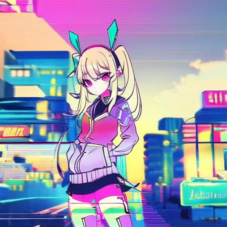 masterpiece, best quality, outdoors, 1girl, solo, vaporwave, looking at viewer, jacket, hands in pockets,  <lyco:vapor:.7>,  thighhighs, glitch, scanlines, bandage, twintail