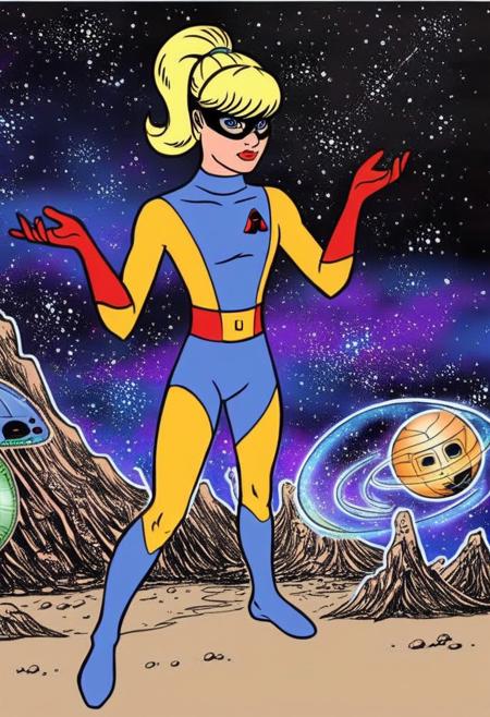 amazing quality, very aesthetic, absurdres, best quality, newest, masterpiece, <lora:Space-Ghost_Jan_Pony_v01:0.8>, Jan, (blonde hair, ponytail, blue eyes, high ponytail, eye mask, red lips, mask, short hair), (yellow bodysuit, blue bodysuit, boots, knee boots, blue knee boots, red gloves, red belt, yellow Buckles), space, spacecraft, planet, science fiction, space travel, floating,