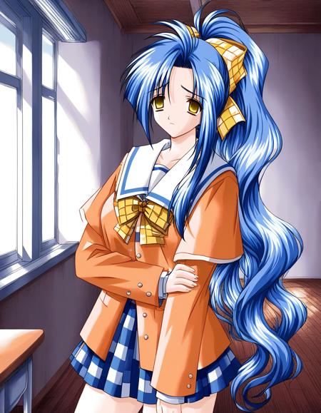 Ai_akumu, blue hair, long hair, ponytail, hair ribbon, yellow eyes, breasts, Yellow plaid bow,