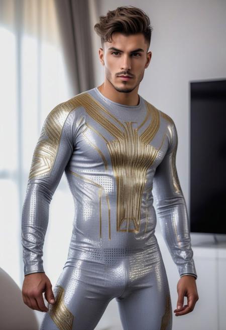 a strong 24-year-old italian hunk male, with a side fringe curtains undercut hairstyle, detailed face, mindless expression,  wearing a skin tight light-gray rubber suit with silver and gold electronics circuits patterns, wearing a light-gray rubber jockstrap, on a modern living room, standing at attention pose, full body visible, looking at viewer, portrait, photography, detailed skin, detailed rubber texture, realistic, photo-realistic, 8k, highly detailed, full length frame, High detail RAW color art, diffused soft lighting, shallow depth of field, sharp focus, hyperrealism, cinematic lighting