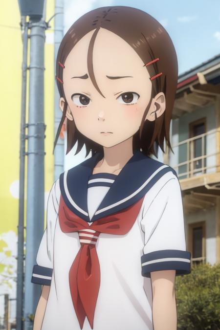 1girl, yukari_tenkawa, brown eyes, short hair, brown hair, hairclip, hair ornament, forehead, school uniform, sailor collar, serafuku, looking at viewer, city <lora:yukari_tenkawa:0.7>