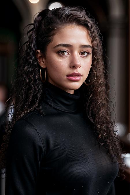 photo of seductive (Deb0r4G0m3s-420:0.99), a woman as a sexy student, closeup portrait, (curly hair:1.2) (dress turtleneck), at an (irish pub), (masterpiece photorealistic picture), (photorealistic:1.1) (bokeh) (best quality) (detailed skin texture pores hairs:1.1) (intricate) (8k) (HDR) (wallpaper) (cinematic lighting) (sharp focus), eyeliner, painted lips, (earrings), (vivid atmosphere)