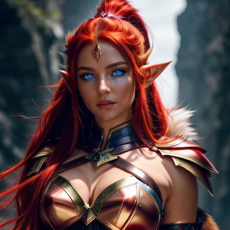 <lora:IrithelMobileLegendsV10Lora-000001:0.5> a woman holding a golden crossbow, red hair, ponytail, light blue glowing eyes, pointy elf ears, wearing red gold skimpy armor, red metallic breast plate, white fur shoulders, a huge black and white wolf with glowing blue eyes and fangs), beautiful girl, high detail skin, high detail eyes, high detail hair, highres, ultra detailed,  <lora:better output-v1.0a:0.25>