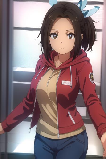 hikarihazakura, <lora:hikari hazakura s1-lora-nochekaiser:1>,
hikari hazakura, black hair, (brown eyes:1.3), hair ribbon, dark skin, dark-skinned female, smile,
BREAK jacket, pants, hood, hoodie, (red jacket:1.3),
BREAK indoors, classroom,
BREAK looking at viewer, (cowboy shot:1.5),
BREAK <lyco:GoodHands-beta2:1>, (masterpiece:1.2), best quality, high resolution, unity 8k wallpaper, (illustration:0.8), (beautiful detailed eyes:1.6), extremely detailed face, perfect lighting, extremely detailed CG, (perfect hands, perfect anatomy),