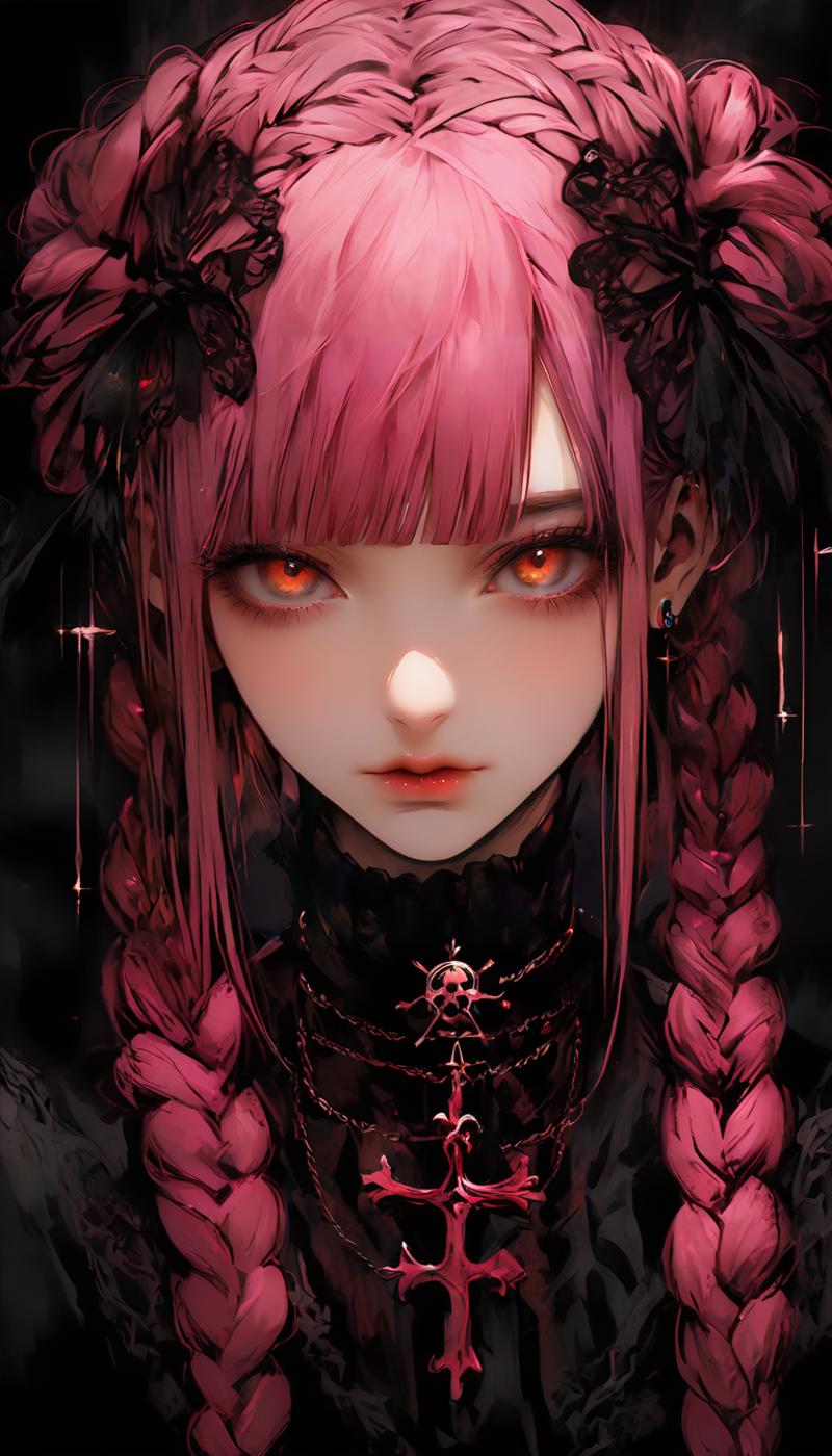 Anime illustration of a girl with red hair and pink eyes, wearing a black lace shirt and black ribbons.