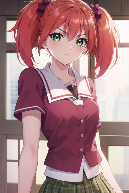 kokoashuzen, <lora:kokoa shuzen s2-lora-nochekaiser:1>,
kokoa shuzen, twintails, (green eyes:1.5), red hair, hair bow, short hair,
BREAK skirt, thighhighs, school uniform, black thighhighs, plaid, serafuku, red shirt, short sleeves, 
BREAK indoors, classroom,
BREAK looking at viewer, (cowboy shot:1.5),
BREAK <lyco:GoodHands-beta2:1>, (masterpiece:1.2), best quality, high resolution, unity 8k wallpaper, (illustration:0.8), (beautiful detailed eyes:1.6), extremely detailed face, perfect lighting, extremely detailed CG, (perfect hands, perfect anatomy),