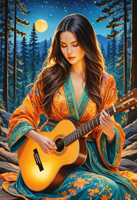 rating_safe, breathtaking detailed, masterpiece, absurdres, awe-inspiring, best quality, vibrant colors, watercolor, cutout collage, beautiful woman in traditional robe, blue eyes, 25 years, close up portrait, playing a wooden guitar, long dark hair illuminated by flickering firelight, (focused expression, soft amber highlights on her face), BREAK, surrounded by pine forest silhouettes under a twilight sky, faint stars and rising smoke in the background, BREAK, glowing embers drifting through the air, [tranquil and introspective atmosphere], BREAK, stylized color palette with warm orange and cool green contrast, cinematic lighting, gentle storytelling mood <lora:sdxl_ta86artstyle_water_cut.safetensors:0.8:0.8> <lora:sdxl_crazywhatever-style.safetensors:0.7000000000000001:0.7000000000000001>