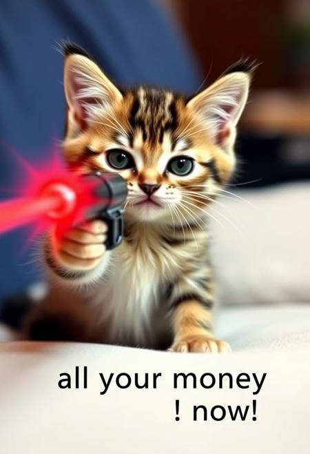 meme, amateur photo of a goofy kitten with a laser gun pointed at the viewer. bottom text: "all your money! now!"