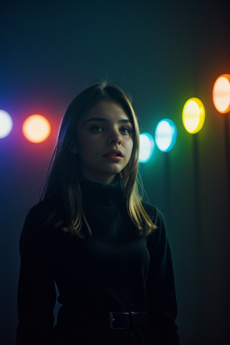 DaryaKomarova, (editorial photograph), standing, dark night, film grain, depth of field, analog film style, vivid color, 1girl, upper body, (looking at viewer:1.3), ((vibrant color palette, bold and saturated, emotional impact, vivid, with strong contrasts, creative and stylized lighting, movie screenshot, neon, colored gels, dramatic shadows, dreamlike, cinematography, lens flare, mist, gritty, movie still, state fair, fog)), car headlines on face, (night, dark, dark photo, grainy, dimly lit), best quality, high quality, (realistic), UHD, ultrarealistic, noise