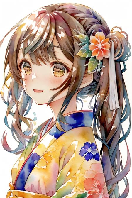 traditional media,chibi,watercolor \(medium\),watercolor background,1girl,kimono,brown hair,twintails,grass   <lora:yukoring-000010:1>