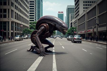 cinematic film still of  <lora:xenomorph style SD1.5:1>
Xenomorph,full body, side view, endoparasitoid extraterrestrial species,solo,open mouth,teeth,tongue,blurry,no humans,blurry background,fangs,sharp teeth,monster,realistic,alien , horror themed, dark themed, cinematic, film still, xenomorph style, shallow depth of field, vignette, highly detailed, high budget, bokeh, cinemascope, moody, epic, gorgeous, film grain, grainy, background KLCC, Malaysia Street,