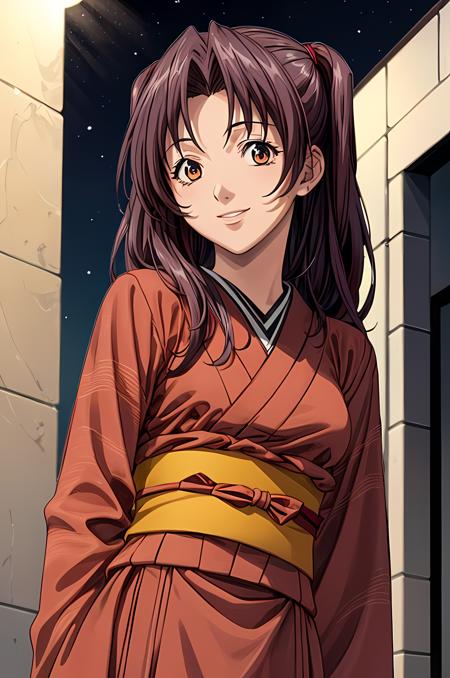 (exceptional, best aesthetic, best quality, extremely detailed), 1girl, solo, fujisakiakari, smile, looking_at_viewer, kimono, sash, night_sky