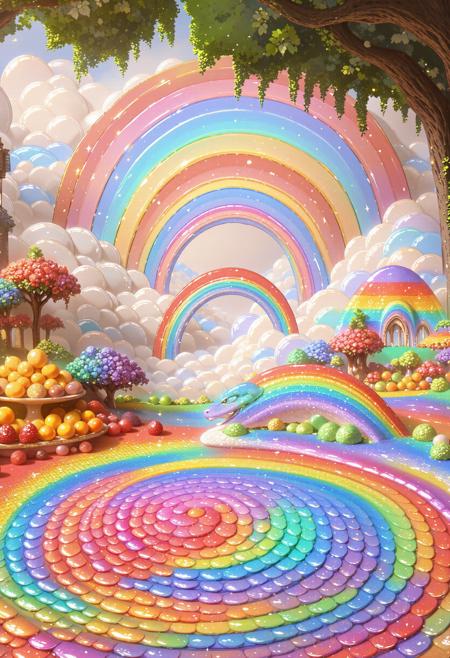 (designed by Alfonso Cuaron:0.7) and (Kim Ki-Duk:1.2) , magical realism art, candid Cosplay Photograph, Photorealism, behance, Street level shot of a (p1nk1r1sc4l3s,made out of iridescent scales, a fruit platter, very detailed, made of rainbow scales of Envy:1.3) , complex Clever background, lush cityscape and flower field, at Dawn, in focus, Zany, hard Shadows, HDR, Fujicolor Pro 400H, 80mm, anaglyph filter, deep red power aura, intricate details, masterpiece, World-renowned