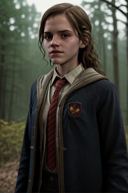 dld_hergra, dressed, Hogwarts school uniform,  Hogwarts, full body, from front, realistic, 3d, solo, dark dense forest, wind, fog, night, natural skin texture, 24mm, soft cinematic light, adobe lightroom, photolab, hdr, intricate, elegant, highly detailed, sharp focus, ((((cinematic look)))), soothing tones, (((insane details, intricate details, hyperdetailed,4k textures))), low contrast, soft cinematic light, dim colors, exposure blend, hdr, faded, (Style-Renaissance:0.4), <lora:hogwartsUniformsFour_hoguuni:0.4>, hogrobe, black robe, red tie, gryffindor,<lora:breastinclassBetter_v14:0.3>, <lora:hipoly3DModelLora_v20:0.5>,<lora:epiNoiseoffset_v2:0.3>