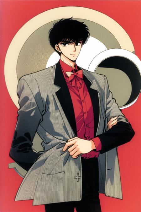 Seishiro Sakurazuka,1boy, male focus, solo, black hair, bowtie, red background, bow, shirt, long sleeves, jacket, looking at viewer, red bow, white shirt, black eyes, crossed arms, black pants, standing, bangs, black jacket, badge, pants, cowboy shot, short hair, formal, pillarboxed, closed mouth, red bowtie, collared shirt, suit, retro artstyle, vest, <lora:Tokyo Babylon:0.8>