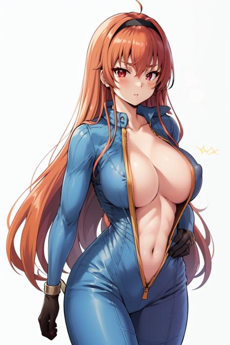 <lora:VaultJumpsuitV1:1>, blue_Vault_Jumpsuit, unzipped_jumpsuit, breasts,  number_on_jumpsuit,  Eris_Adult, <lora:ErisV14:0.6>, red_hair, red_eyes, black_hairband