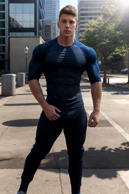 kyle_hynick wearing a (blue:black:0.5) long-sleeved athletic compression shirt and pants, <lora:kyle_hynick-05-prodigy:0.75>, standing outdoors in a city, natural lighting, sunlight, strong stance, confident pose