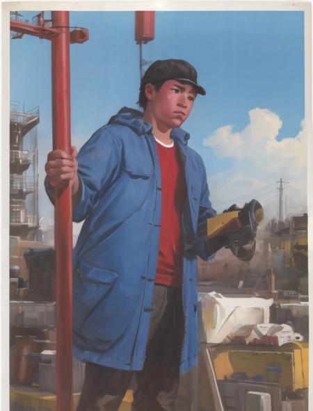 masterpiece, best quality,
solo, 1boy, 
realistic, blue jacket and red shirt,
standing under the sun
<lora:EarlyChinesePoster:0.9>,