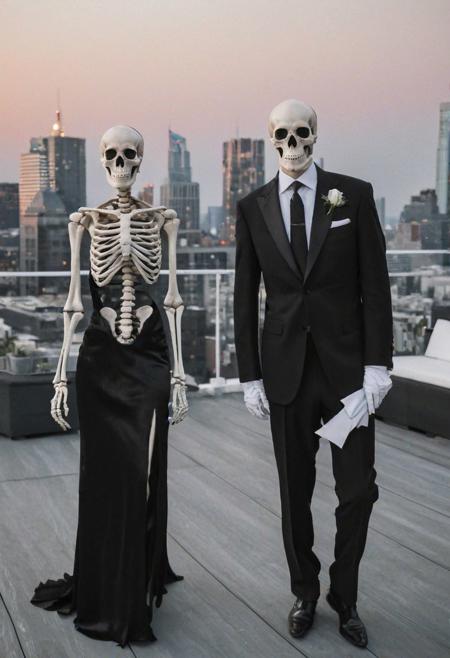 skeletons at a rooftop cocktail party in black tie and cocktail dresses