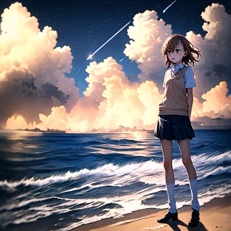 masterpiece, best quality, <lora:misaka_mikoto:1>, misaka mikoto, short hair,  mid shot, full body, ocean, sea waves, water splashes, sky, light particles, butterflies, night, starry sky