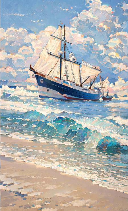 watercraft, boat, outdoors, scenery, water, no humans, ocean, sky, traditional media, waves, ship, cloud, beach, masterpiece, best qualityï¼skyï¼ masterpiece, best quality,s,masterpiece, best quality, <lora:Light oil painting_20231025095300-000003:0.73>, (illustration:1.0), masterpiece, best quality,