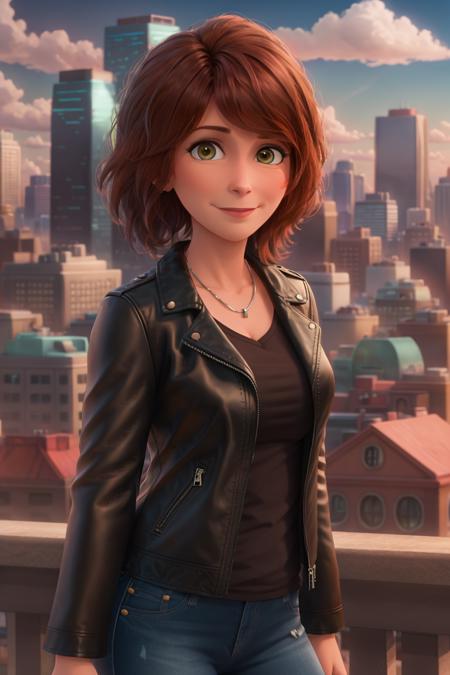 aunt cass, wearing a leather jacket, city background
 <lora:AuntCassDoguv1:1>