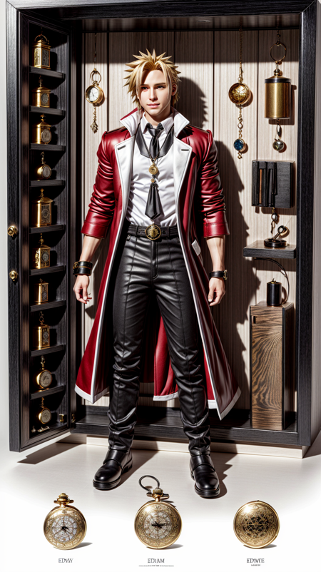 premium playset toy box, (Intricate:1.4), (masterpiece, best quality, ultra detailed, absurdres),  (action figure box:1.4),
(inboxDollPlaySetQuiron style), Edward Elric (Fullmetal Alchemist): Edward Elric's recognizable red coat is a knee-length garment with a loose, flowing fit. The coat is adorned with silver trim, giving it a distinct alchemical aesthetic. On the back of the coat, there is an embroidered transmutation circle, a symbol of alchemy's power. Underneath the coat, Edward wears a black, long-sleeved undershirt. He pairs the shirt with black pants and brown boots. Edward also wears a silver pocket watch, a significant symbol in the Fullmetal Alchemist series, as alchemists use pocket watches to perform their craft.,(toy playset pack),
<lora:quiron_inboxDollPlaySet_v1_lora:0.77>