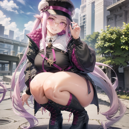 rider_saber a beautiful woman in purple hair and pink hat, with dark boots, 1girl, long hair, medusa (fate), breasts, looking at viewer, solo, long sleeves, black headwear, sidelocks, hat, forehead, purple hair, very long hair, sky, thighs, medusa (rider) (fate), purple eyes, sunglasses, shirt, blue sky, outdoors, city background, glasses, standing, a cartoon fairy dressed as a white fairy with purple hair standing over a sword, 1girl, shield, long hair, medusa (fate), solo, very long hair, purple hair, breasts, cape, looking at viewer, weapon, outdoors, city background,