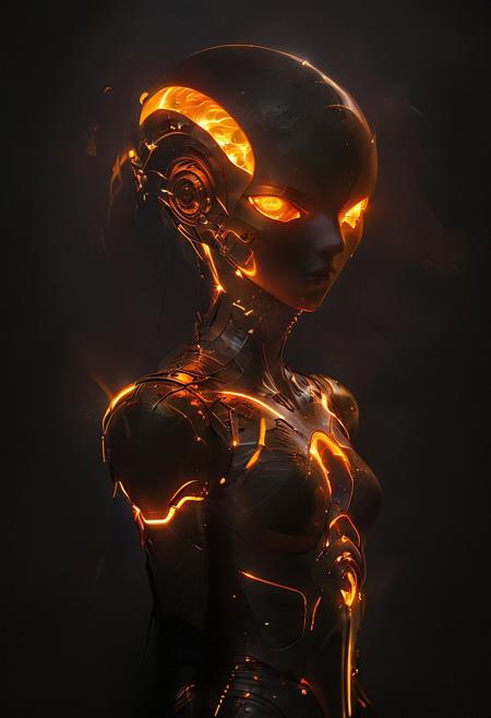 A dark sorceress in gothic armor, her face is a glowing orange crystal, light swirling inside, she holds a staff with a similar glowing orb, wearing a black flowing cloak, intricate armor with glowing cracks on her chest, the setting is dim and atmospheric, soft light filtering through the background, creating an eerie magical vibe, the scene exudes dark fantasy and mysterious sorcery   glowneon, glowing, sparks, lightning, dark, chiaroscuro, low-key