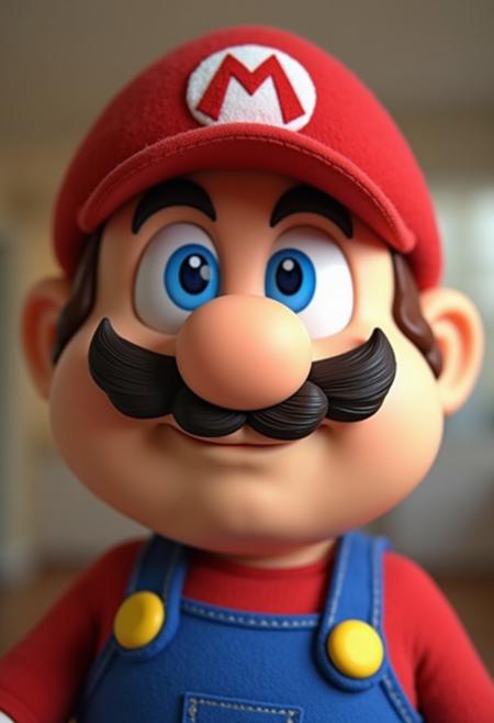 A cartoonish character with a large, round face, prominent bushy mustache, and oversized blue eyes, wearing a red cap with a white M emblem and a red shirt. He has a blue overall with yellow buttons, creating a playful and whimsical appearance. The background is blurred, emphasizing the character's features and expression.