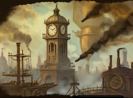 A clock tower with cogs and brass pipes, steampunk cityscape with smoke and flying ships in the background, Victorian England steampunk with gold and brass, ((Civ6BG painting style)) <lora:Civ6BG-000009:1>