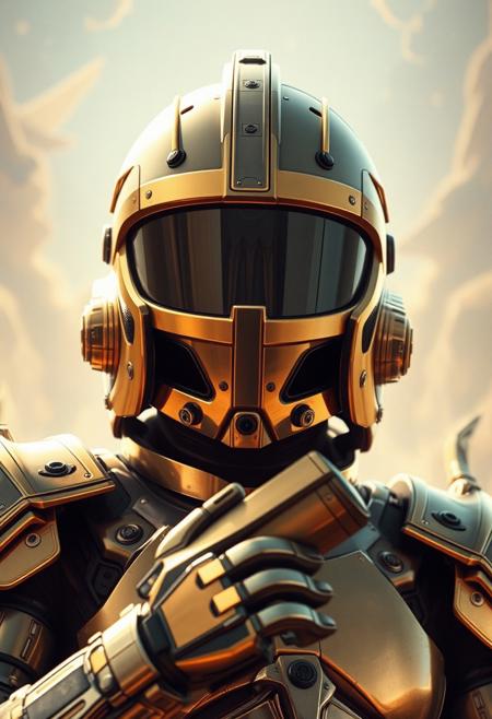 Avant-garde , 1970s futurism, chrome and gold, ultra high tech helmet and weaponry,detailed background, dynamic angle, volumetric lighting, godrays