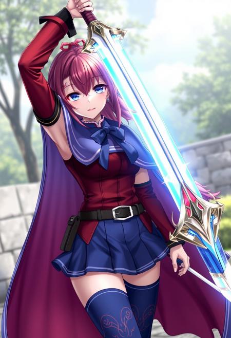 A highly realistic, best quality, (masterpiece:1.2), detailed, umamusme of Daiwa Scarlet, Umamusme school uniform, blue capelet, blue thighhighs, neck ribbon, looking at the viewer, outdoors, censored armor, power sword, arm up, DRAW WEAPON FROM CHEST, holding weapon, holding sword, sword made crystal, Weapon between breasts, natural hands, holding glowing zweihander large Zweihander