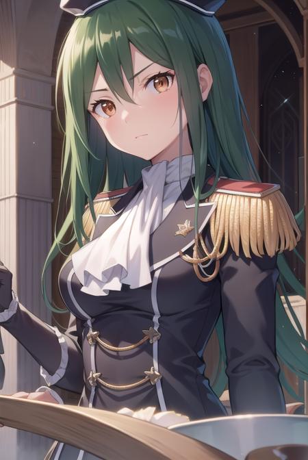 cruschkarsten, <lora:cruschkarsten-lora-nochekaiser:1>,
crusch karsten, long hair, hair between eyes, green hair, (brown eyes:1.4),
BREAK gloves, long sleeves, hat, jacket, boots, frills, white gloves, black footwear, uniform, military, ascot, military uniform, armband, epaulettes, white ascot,
BREAK looking at viewer, full body,
BREAK outdoors,
BREAK <lyco:GoodHands-beta2:1>, (masterpiece:1.2), best quality, high resolution, unity 8k wallpaper, (illustration:0.8), (beautiful detailed eyes:1.6), extremely detailed face, perfect lighting, extremely detailed CG, (perfect hands, perfect anatomy),